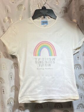 XOXO White Short Sleeve Tee with Pastel Rainbow Graphic